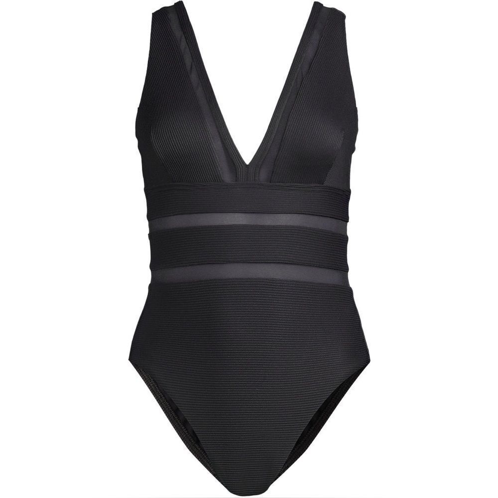 Land's End one piece Plunge swimsuit mesh ribbed Textured high leg Black Var - Picture 4 of 13